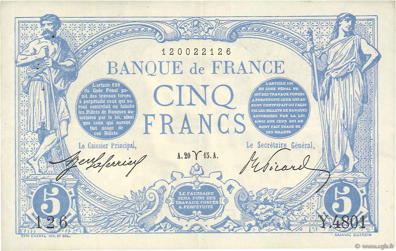 5 Francs BLEU FRANKREICH  1915 F.02.25 fVZ