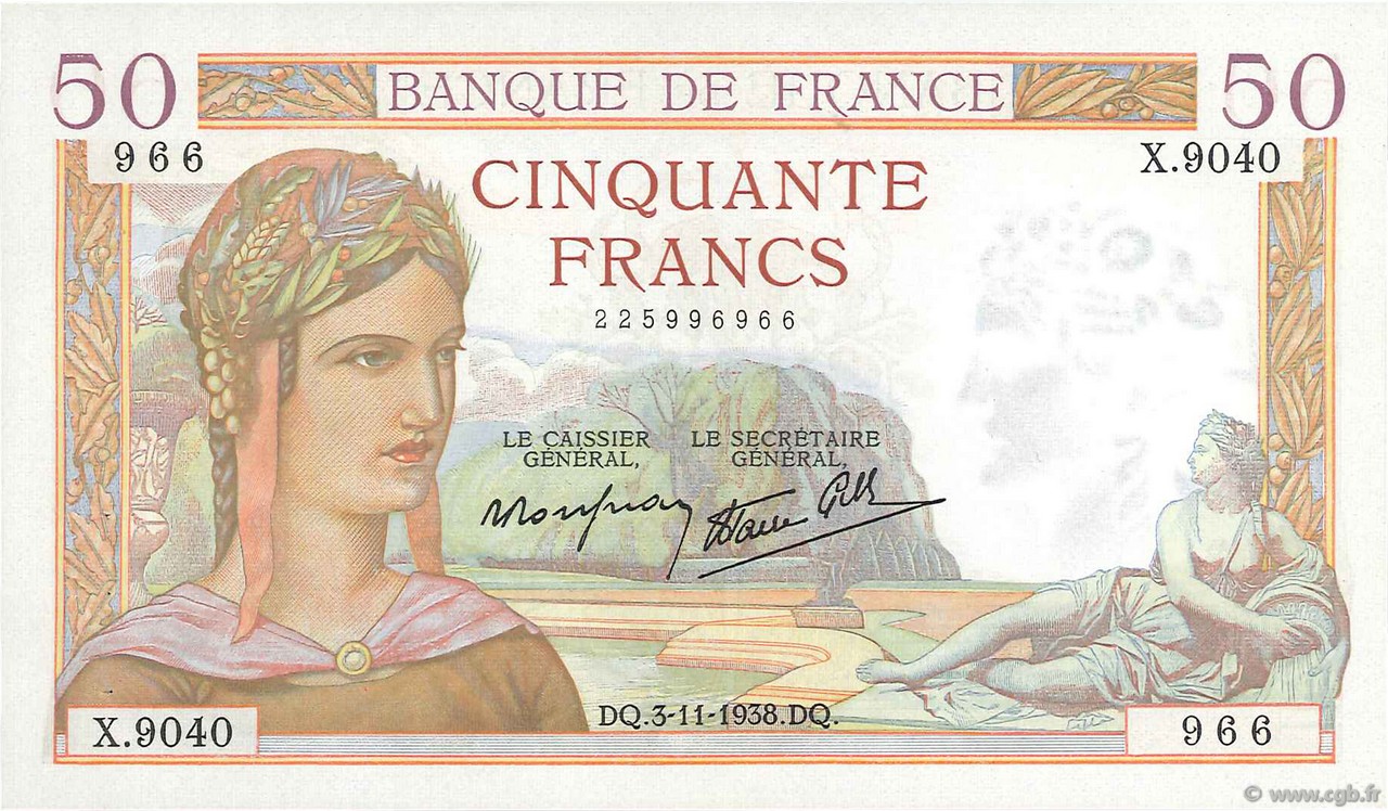 50 Francs CÉRÈS modifié FRANCIA  1938 F.18.18 EBC+