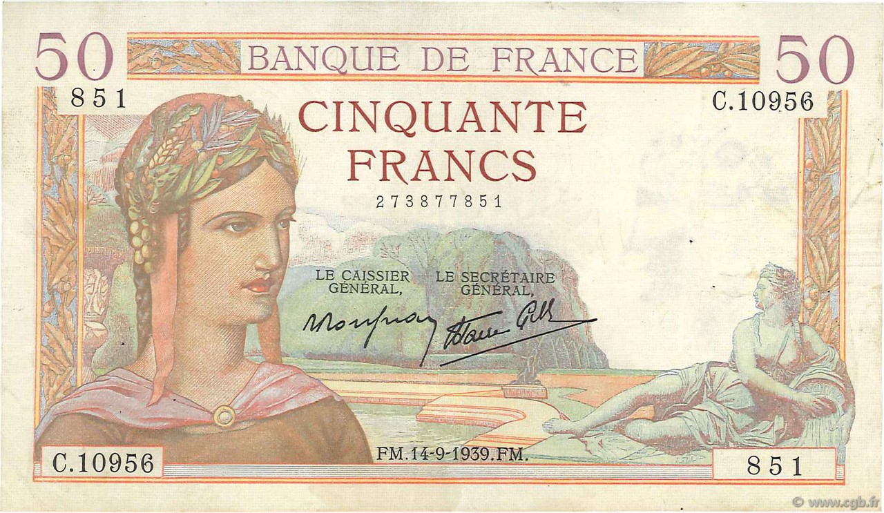 50 Francs CÉRÈS modifié FRANCE  1939 F.18.30 VF-