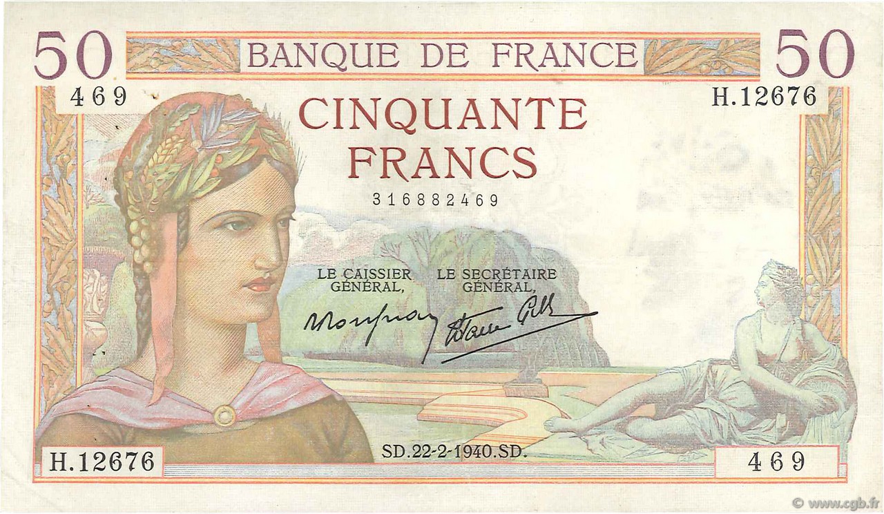 50 Francs CÉRÈS modifié FRANCIA  1940 F.18.39 q.SPL
