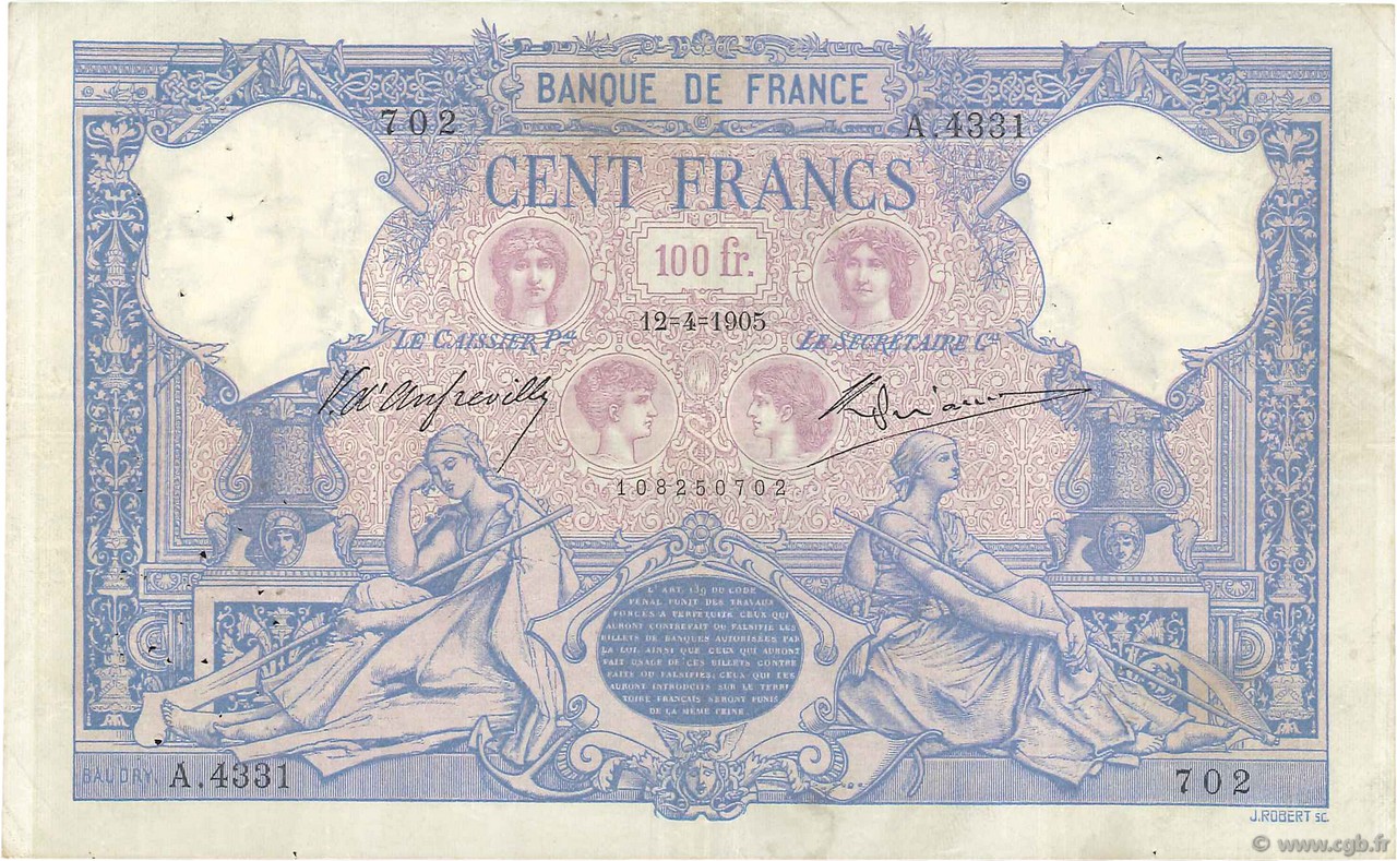 100 Francs BLEU ET ROSE FRANCE  1905 F.21.19 pr.TTB