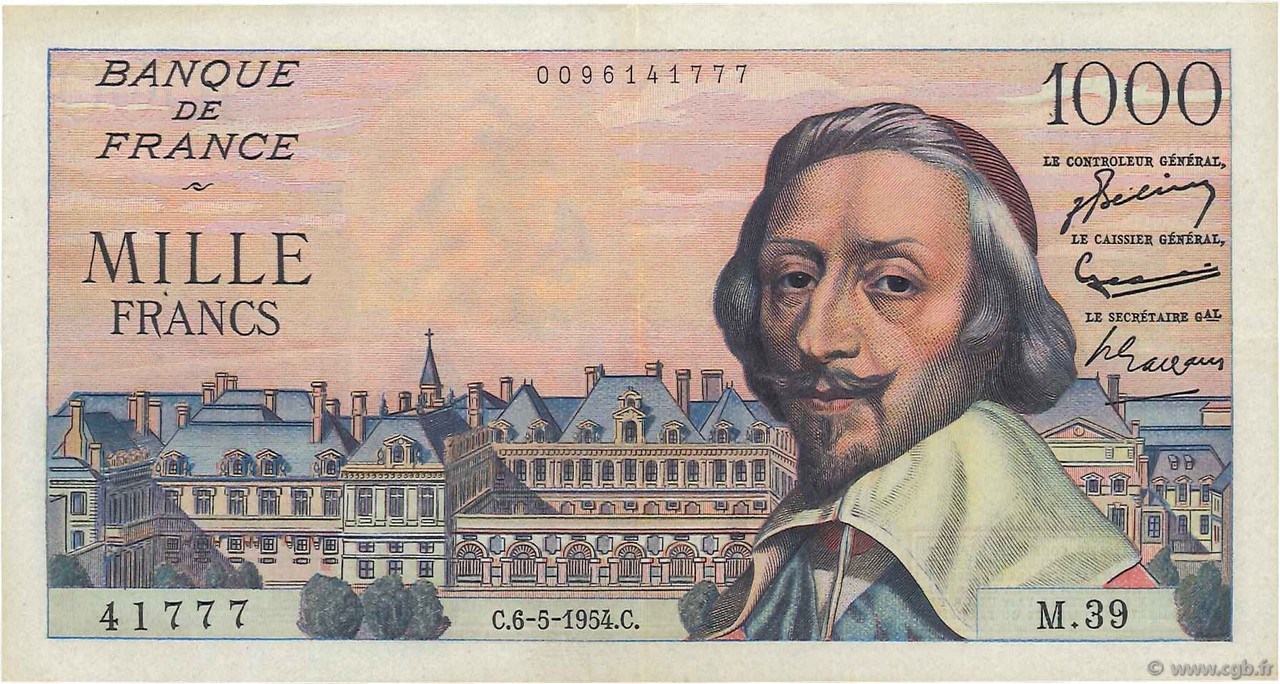 1000 Francs RICHELIEU FRANKREICH  1954 F.42.05 fVZ