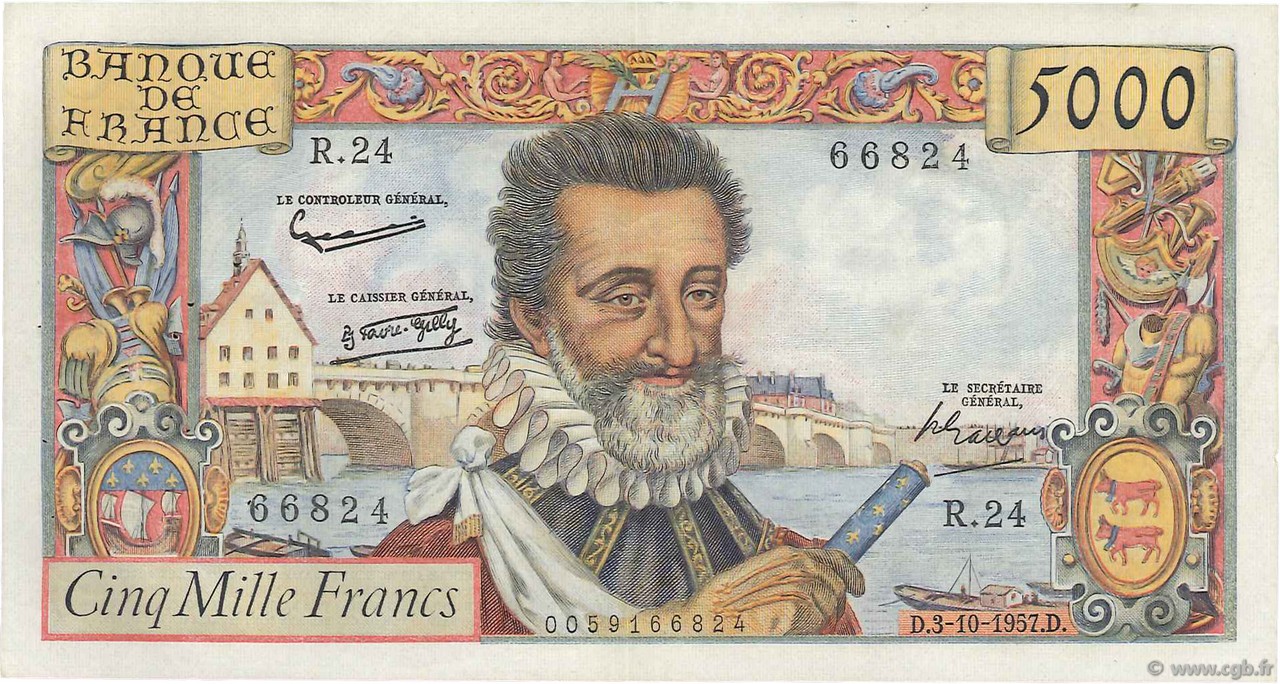 5000 Francs HENRI IV FRANCIA  1957 F.49.03 MBC+