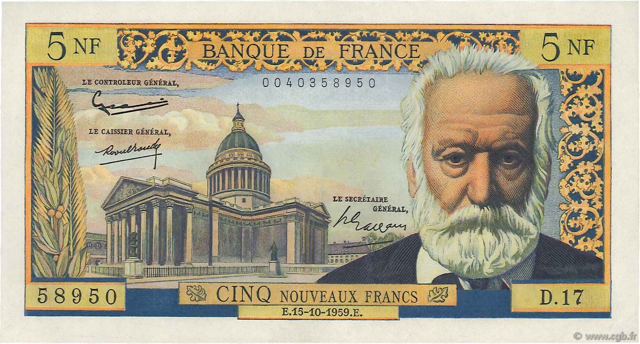 5 Nouveaux Francs VICTOR HUGO FRANCE  1959 F.56.03 AU+