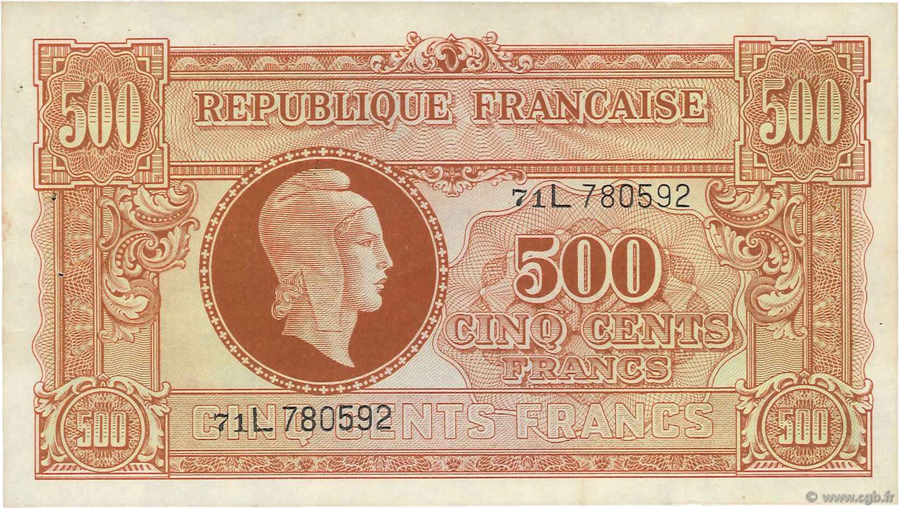 500 Francs MARIANNE fabrication anglaise FRANKREICH  1945 VF.11.01 VZ+