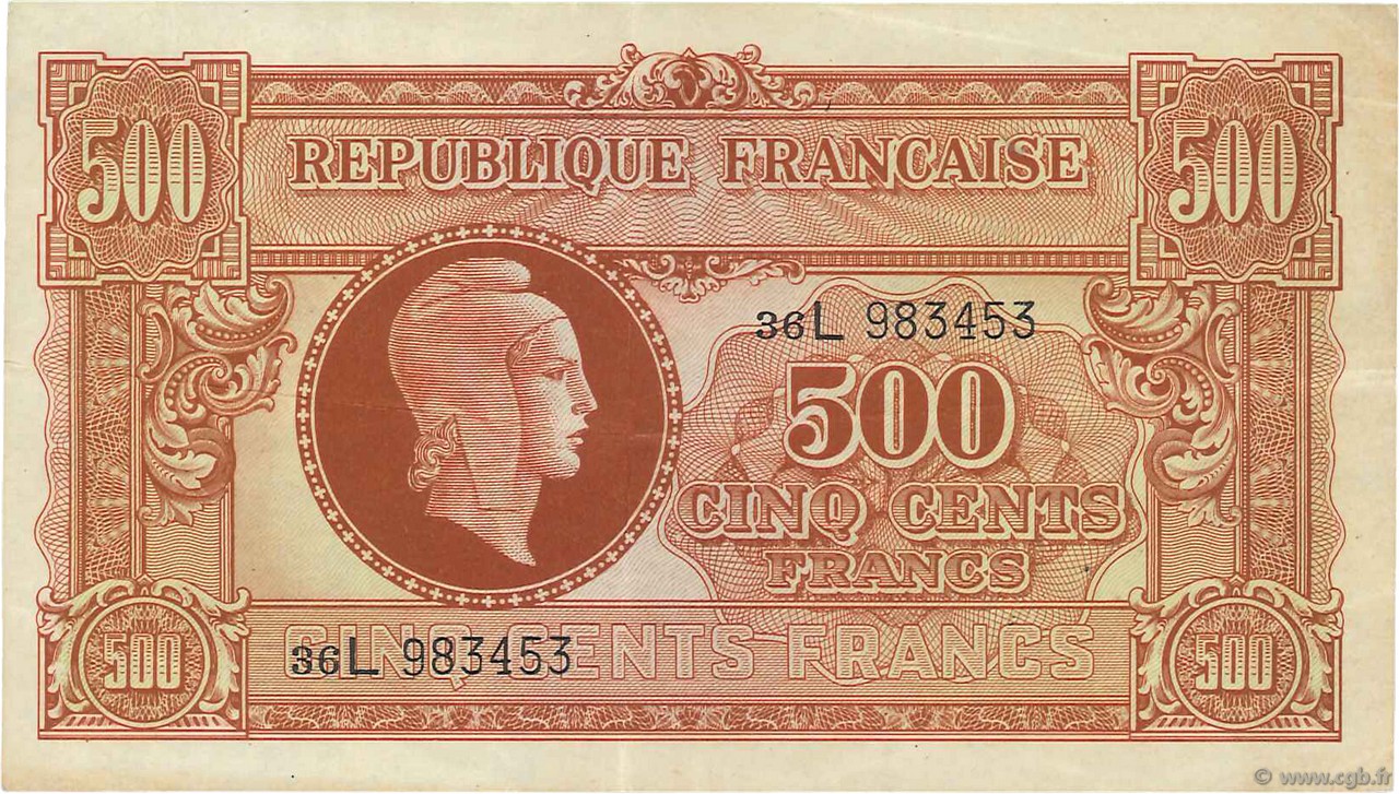 500 Francs MARIANNE fabrication anglaise FRANCIA  1945 VF.11.01 MBC+
