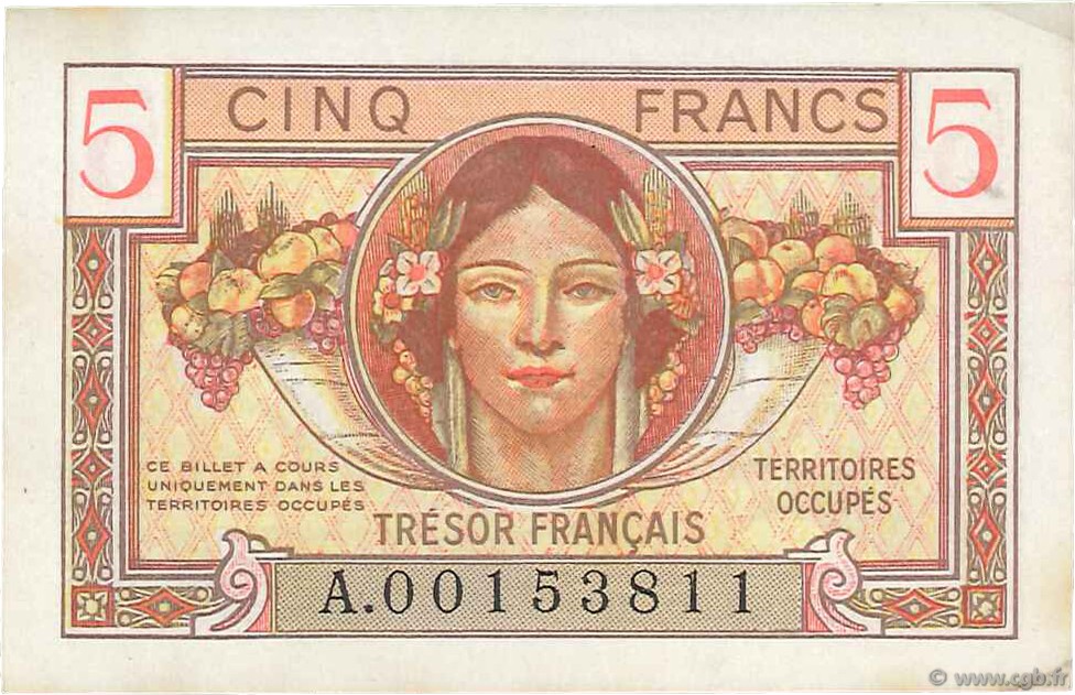 5 Francs TRÉSOR FRANÇAIS FRANKREICH  1947 VF.29.01 fVZ