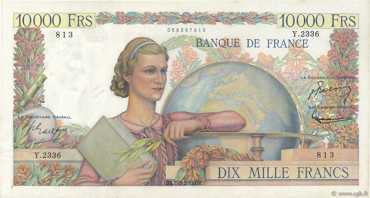 10000 Francs GÉNIE FRANÇAIS FRANCIA  1952 F.50.56 SC