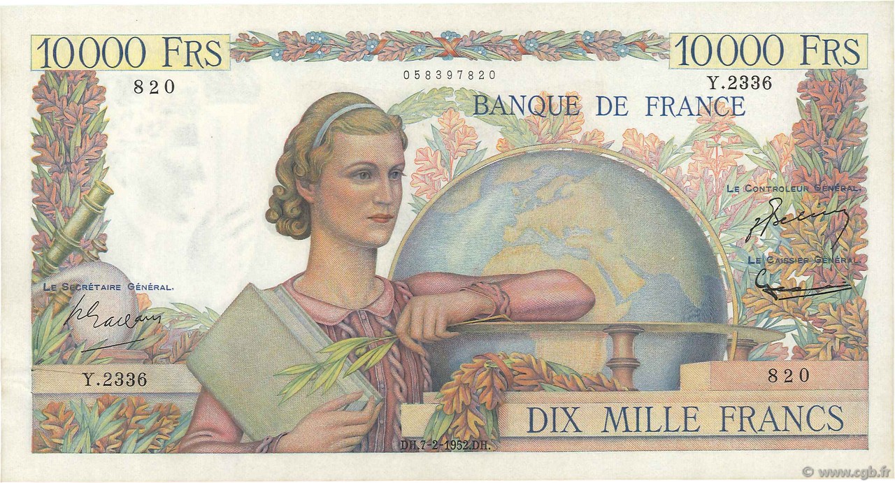 10000 Francs GÉNIE FRANÇAIS FRANCE  1952 F.50.56 AU-