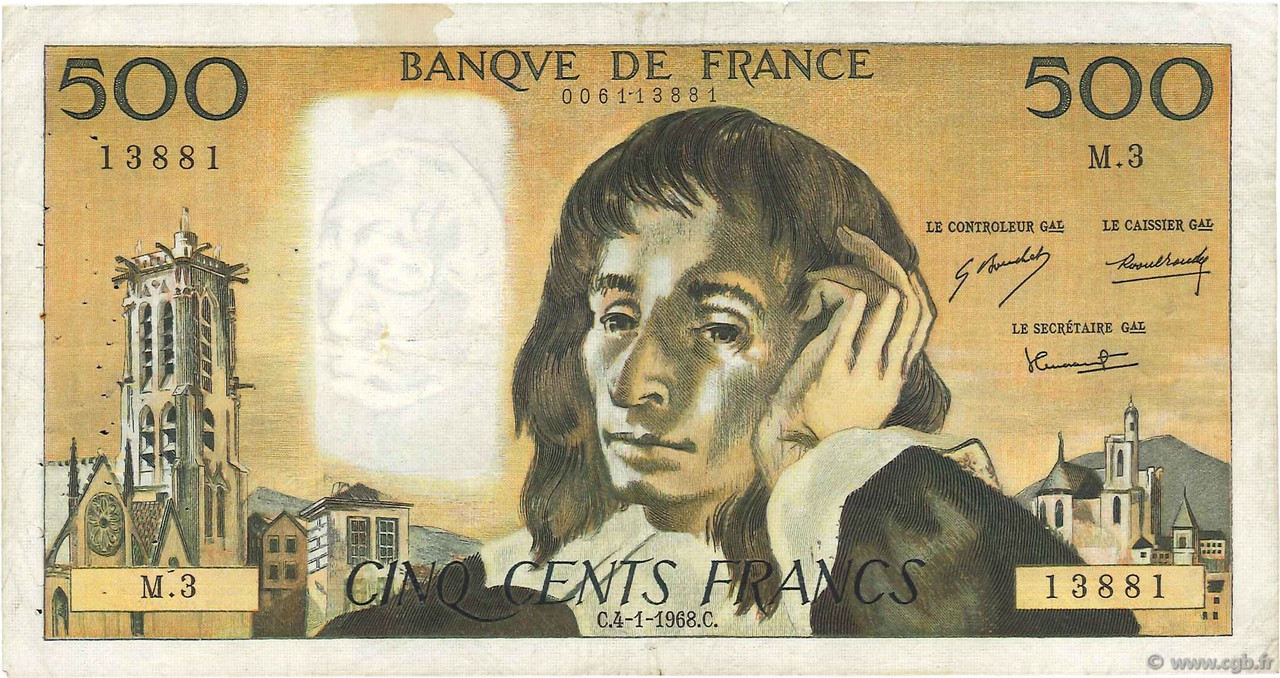 500 Francs PASCAL FRANCE  1968 F.71.01 F