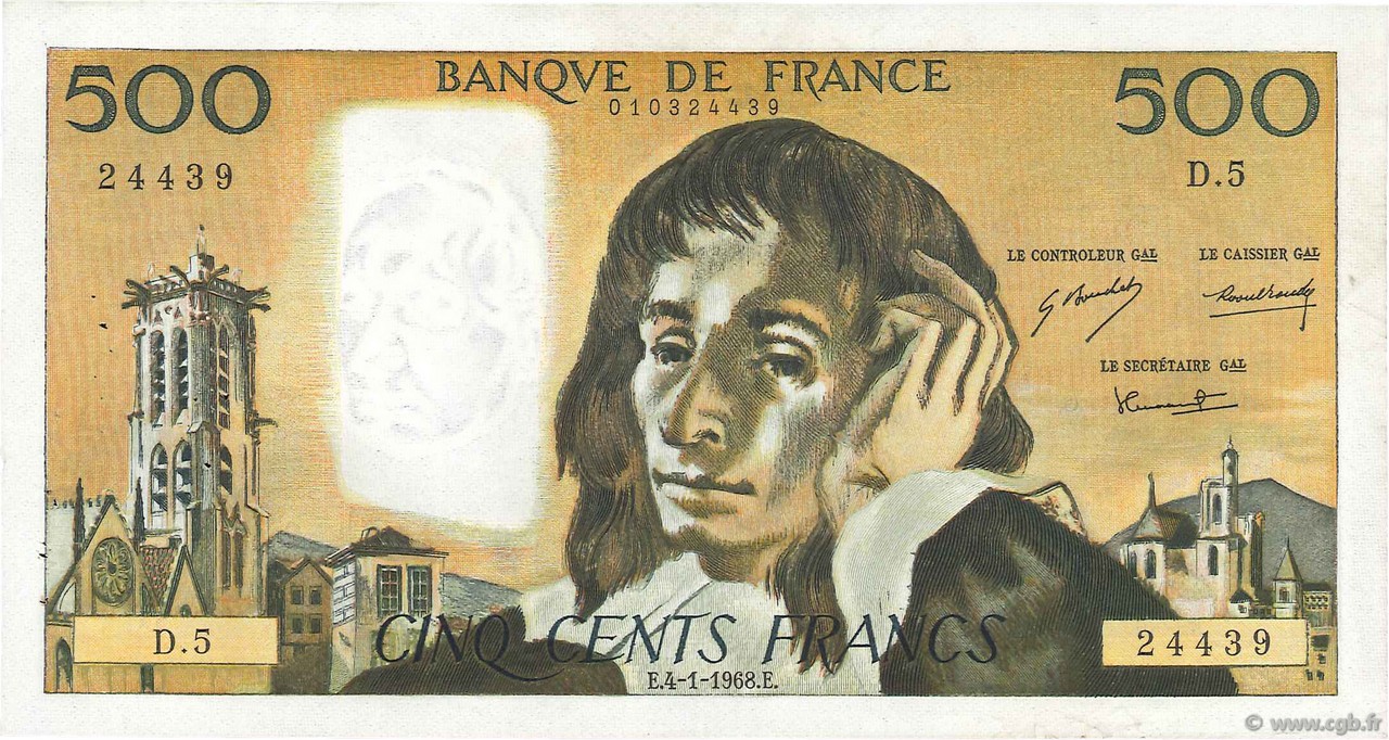 500 Francs PASCAL FRANCE  1968 F.71.01 VF
