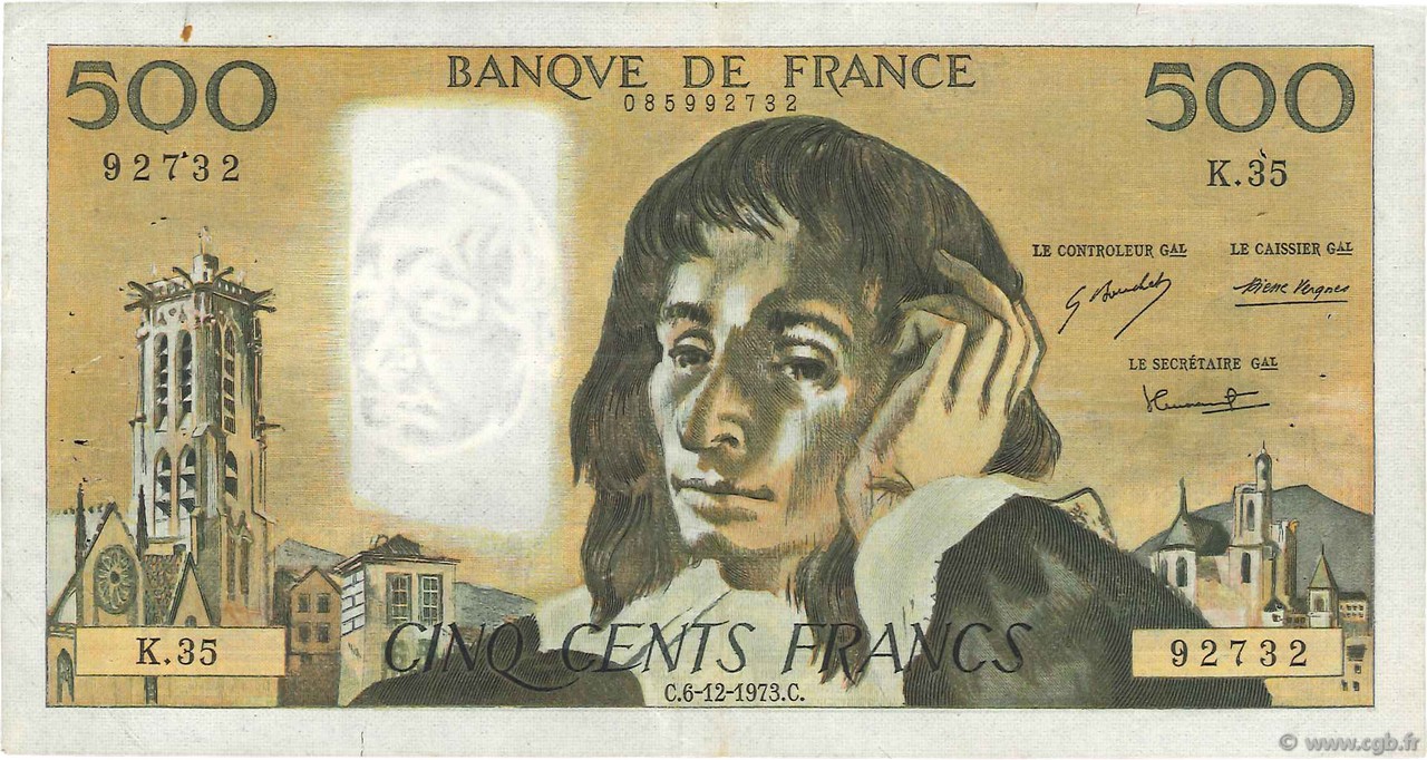500 Francs PASCAL FRANCIA  1973 F.71.10 q.BB