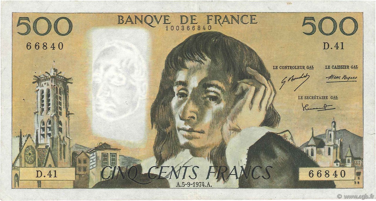 500 Francs PASCAL FRANKREICH  1974 F.71.11 fSS