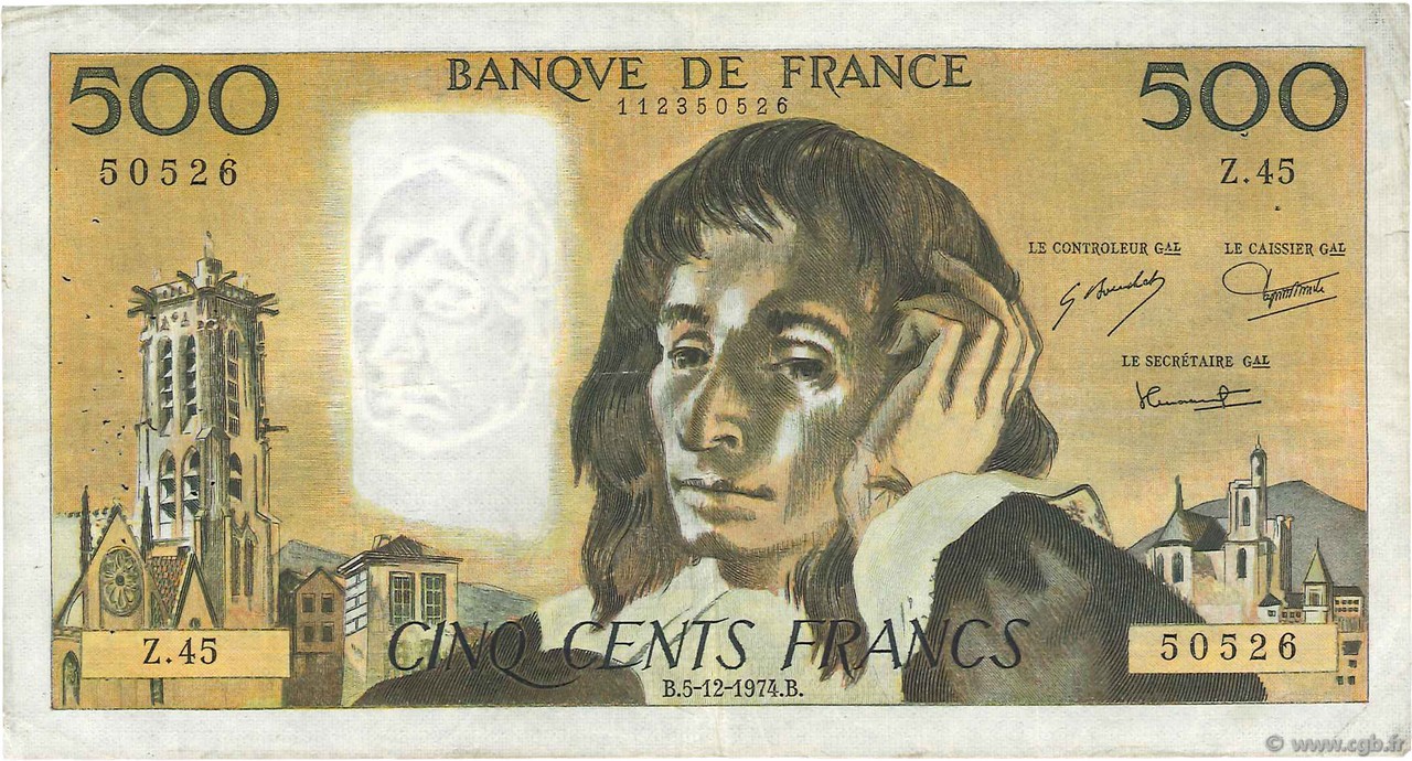 500 Francs PASCAL FRANCE  1974 F.71.12 TB+