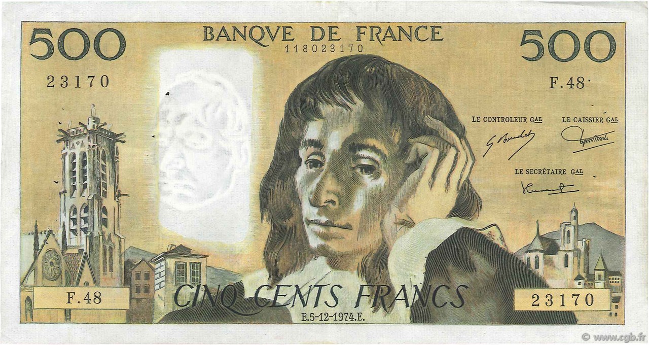 500 Francs PASCAL FRANCE  1974 F.71.12 VF