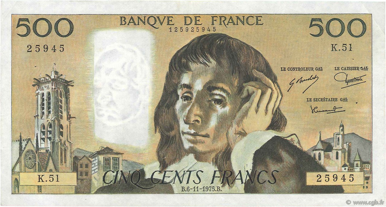 500 Francs PASCAL FRANKREICH  1975 F.71.13 SS