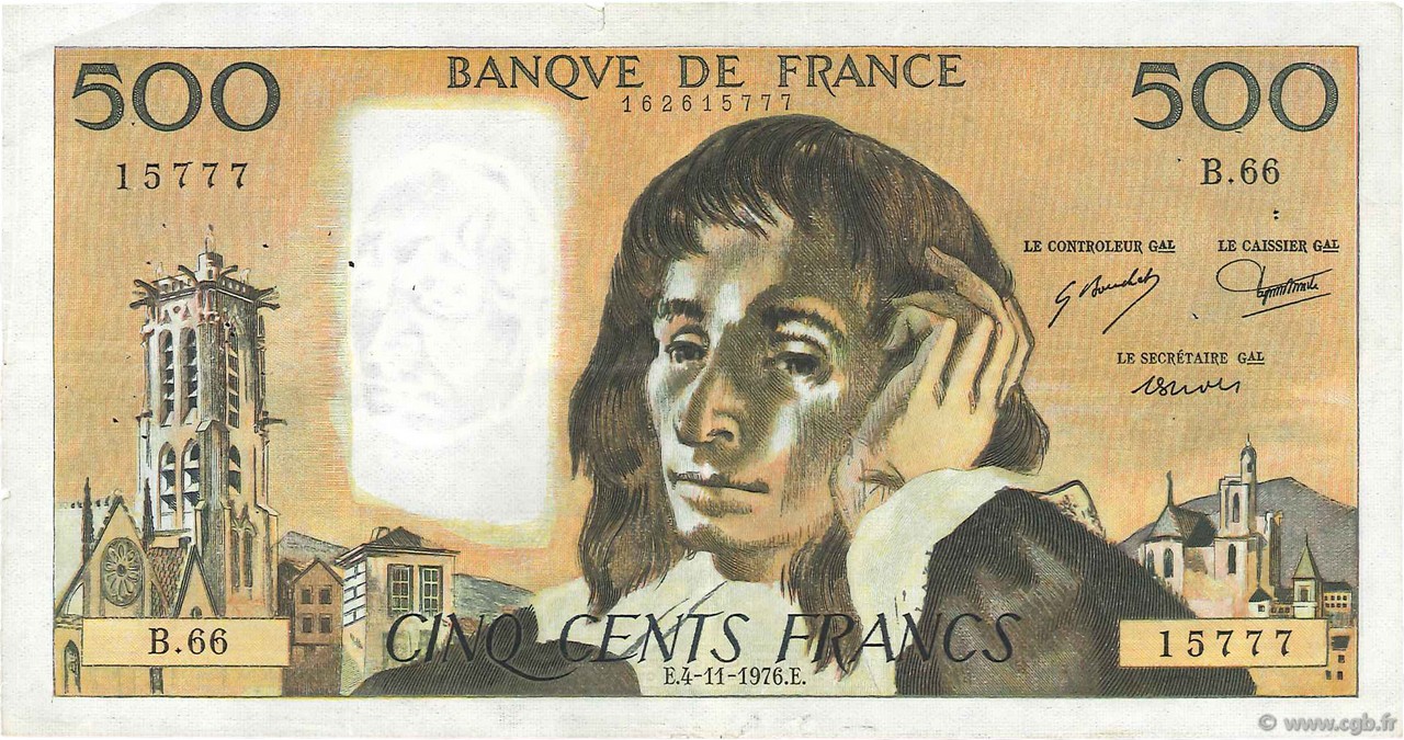 500 Francs PASCAL FRANCE  1976 F.71.15a F+