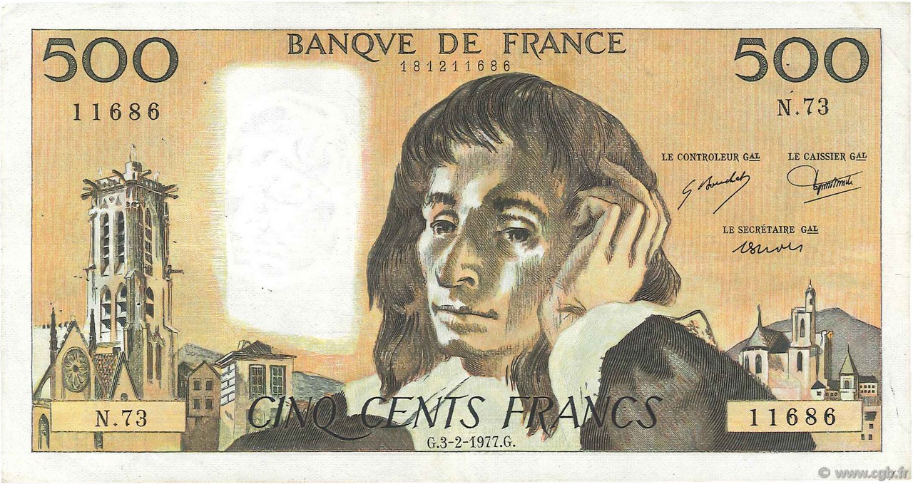 500 Francs PASCAL FRANCE  1977 F.71.16 F+