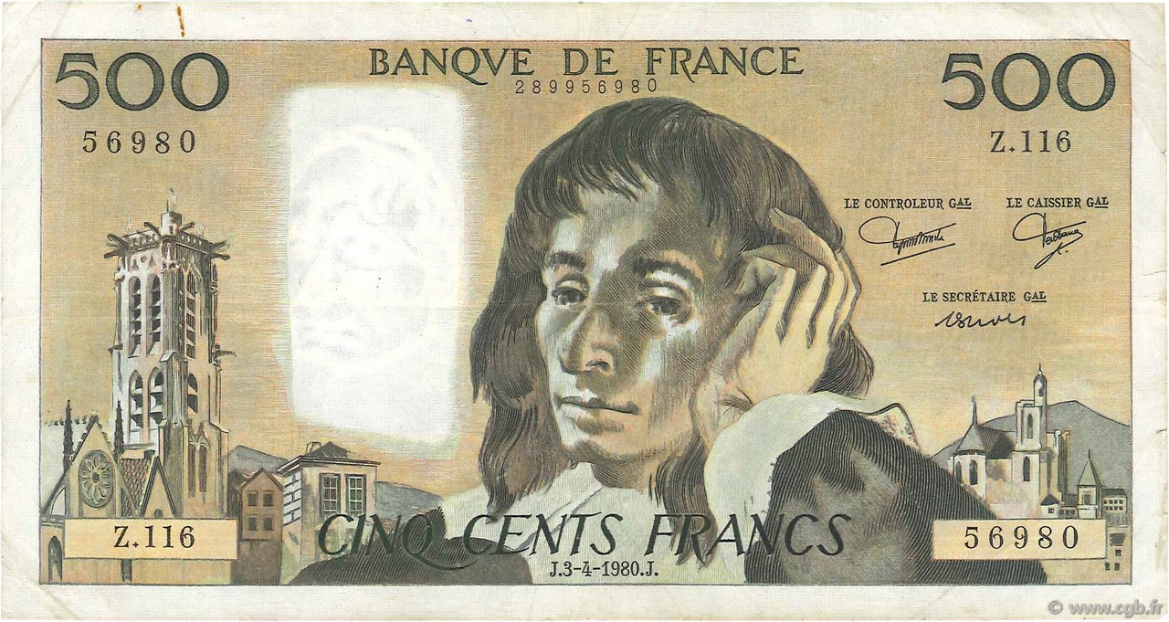 500 Francs PASCAL FRANCE  1980 F.71.21 TB