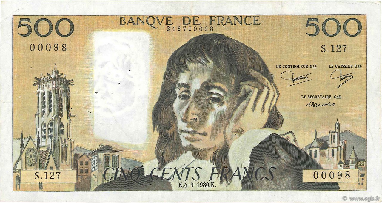 500 Francs PASCAL FRANCE  1980 F.71.22 VF