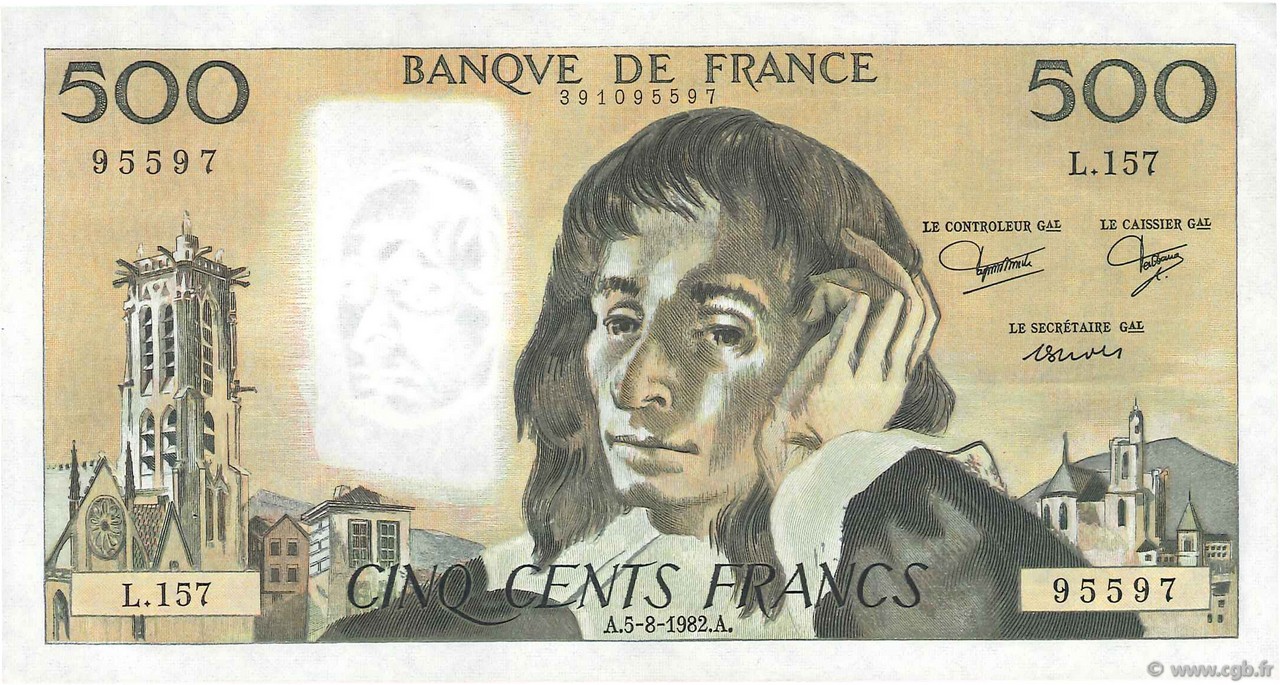 500 Francs PASCAL FRANKREICH  1982 F.71.27 fVZ
