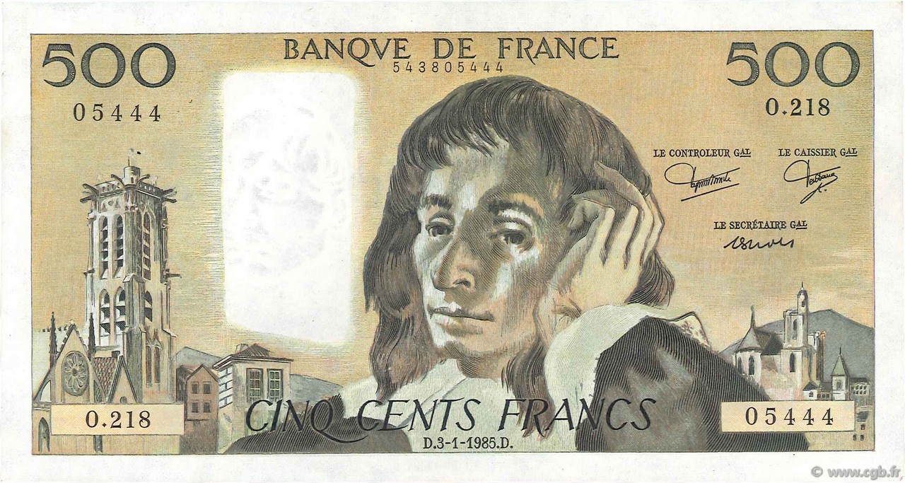 500 Francs PASCAL FRANKREICH  1985 F.71.32 fVZ