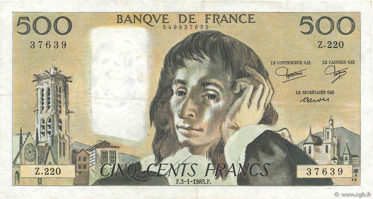 500 Francs PASCAL FRANCE  1985 F.71.32 VF-