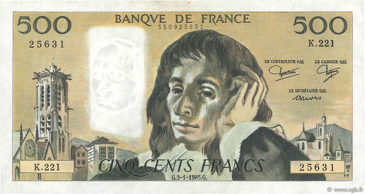500 Francs PASCAL FRANCE  1985 F.71.32 VF+