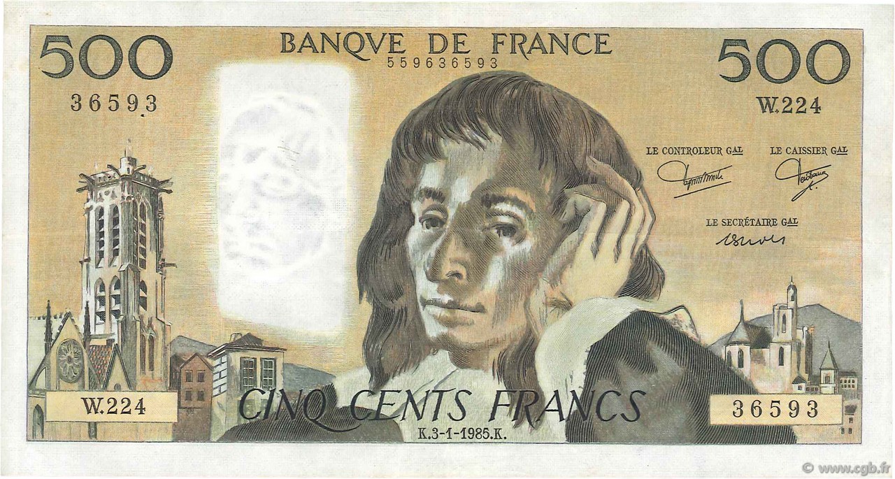 500 Francs PASCAL FRANCE  1985 F.71.32 VF