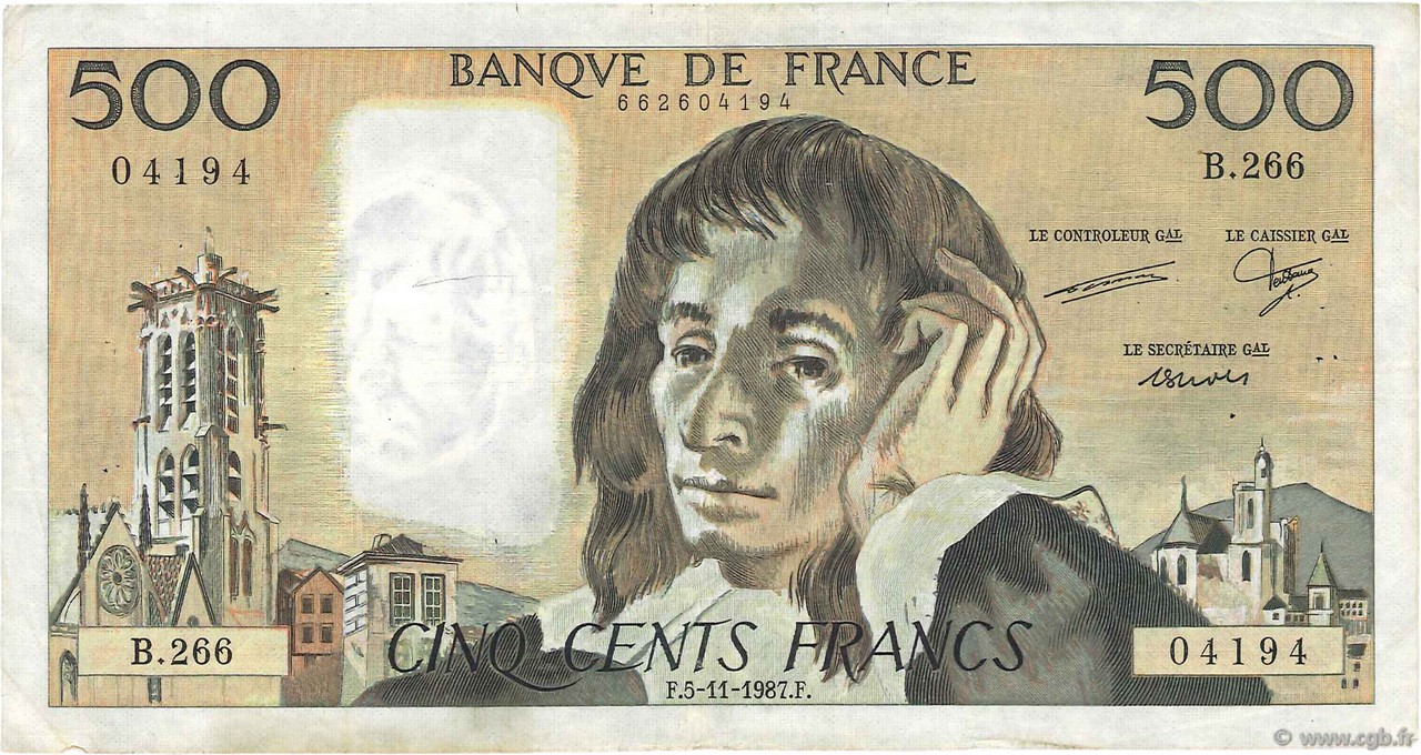 500 Francs PASCAL FRANKREICH  1987 F.71.37 S