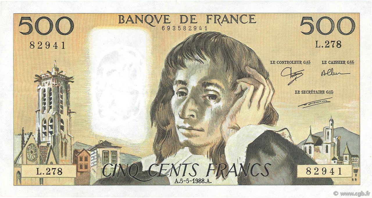 500 Francs PASCAL FRANCE  1988 F.71.39 VF+