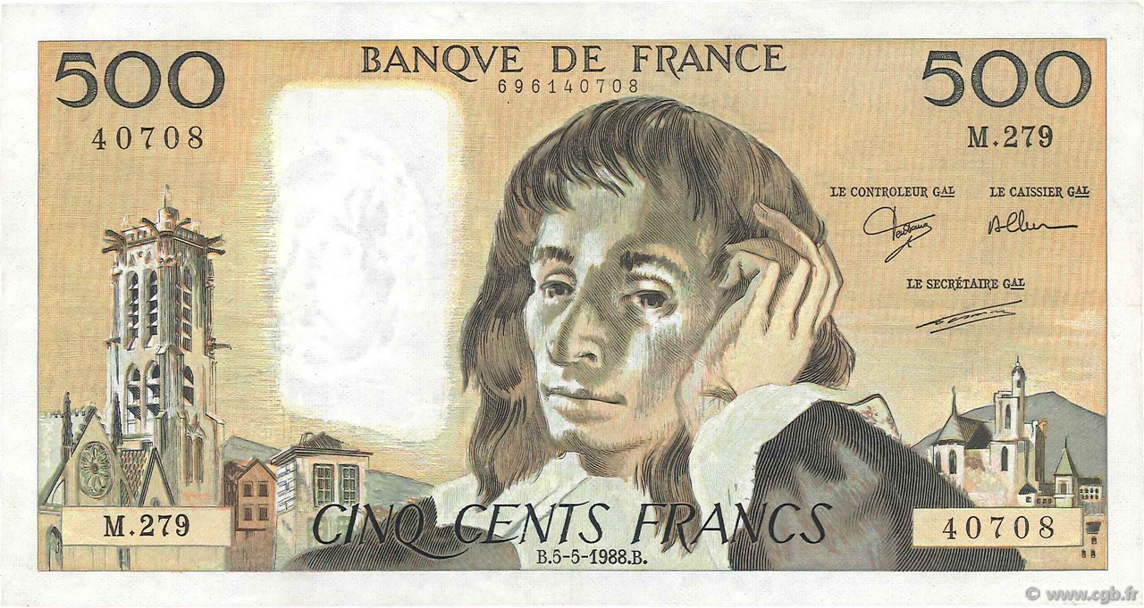 500 Francs PASCAL FRANKREICH  1988 F.71.39 SS