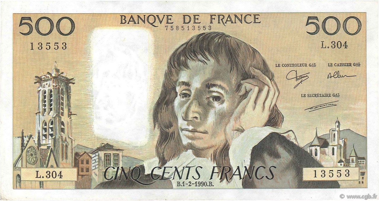 500 Francs PASCAL FRANCE  1990 F.71.43 VF