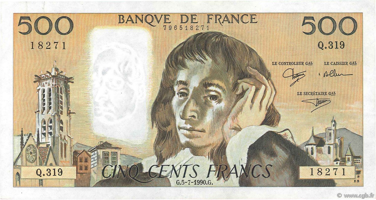 500 Francs PASCAL FRANCE  1990 F.71.44 VF+
