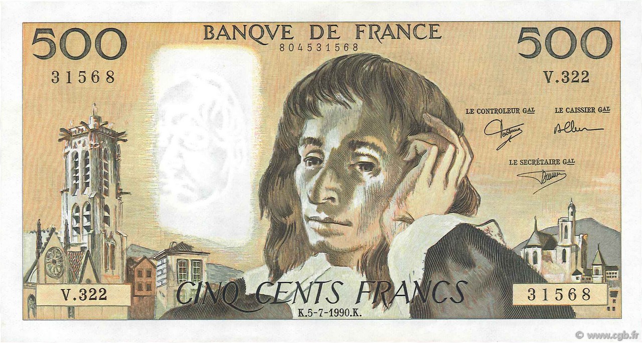 500 Francs PASCAL FRANCE  1990 F.71.44 XF
