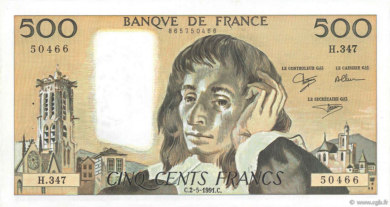 500 Francs PASCAL FRANCE  1991 F.71.47 XF+