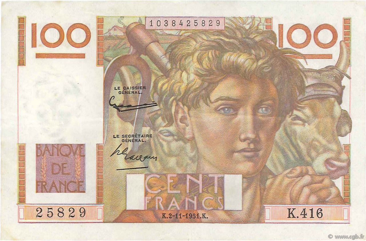 100 Francs JEUNE PAYSAN FRANCIA  1951 F.28.30 SPL