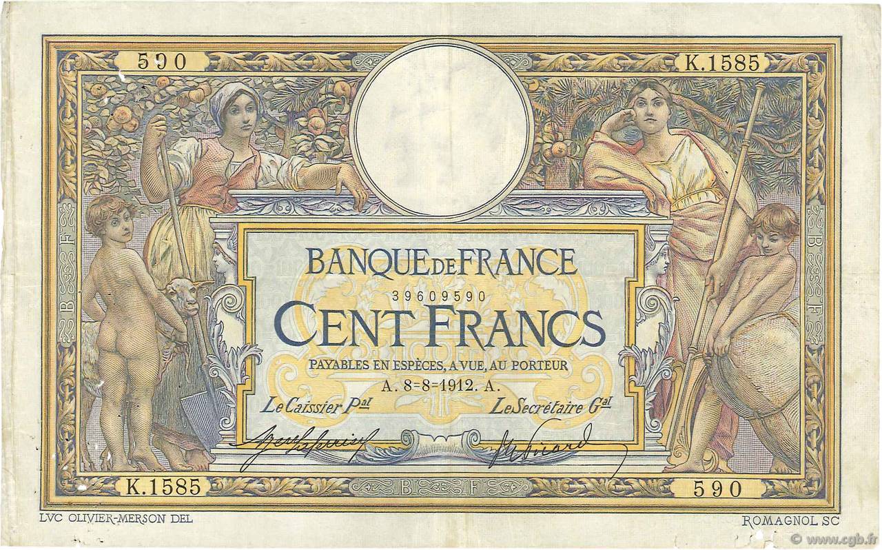 100 Francs LUC OLIVIER MERSON sans LOM FRANCE  1912 F.23.04 pr.TTB