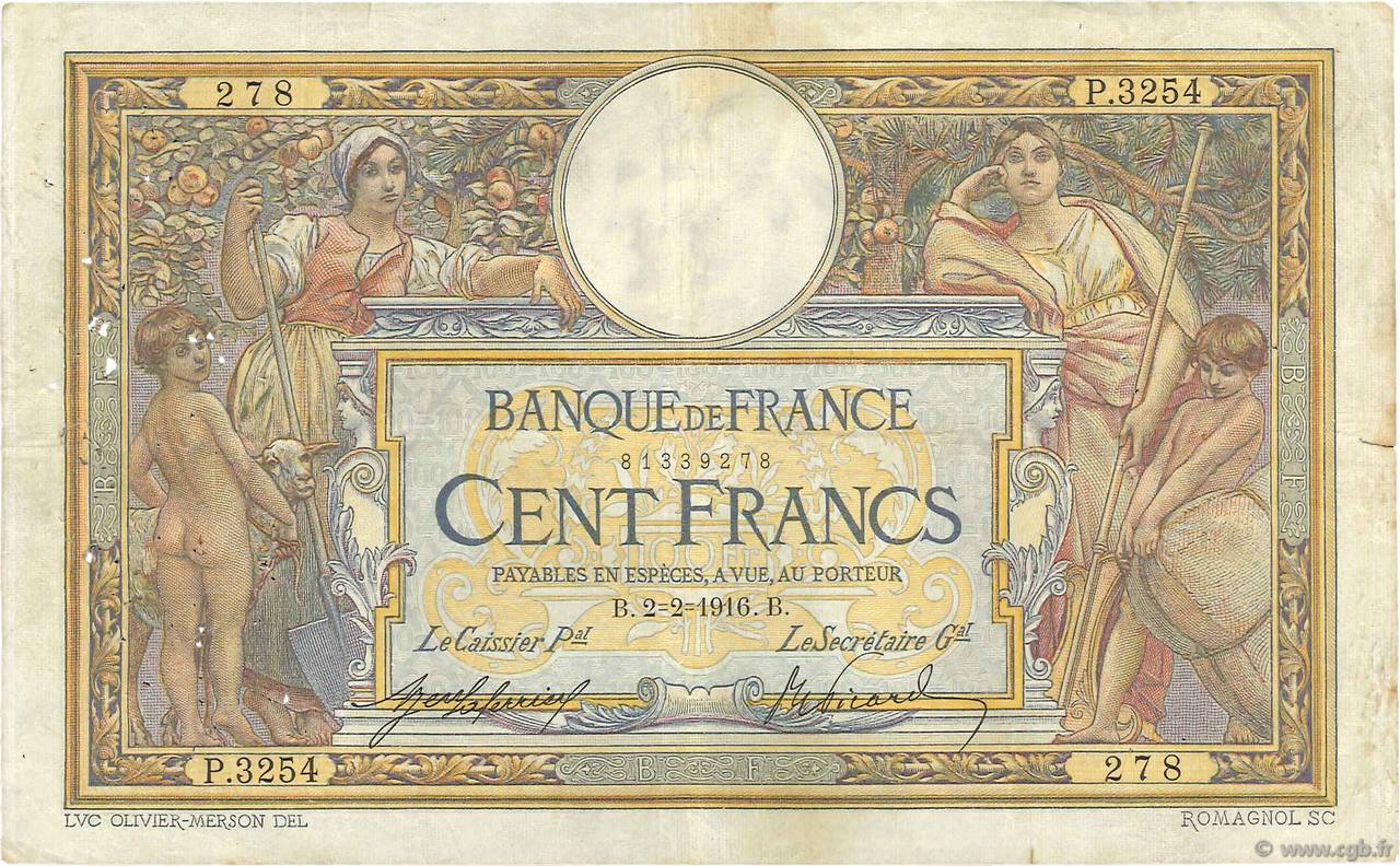 100 Francs LUC OLIVIER MERSON sans LOM FRANCE  1916 F.23.08 F+
