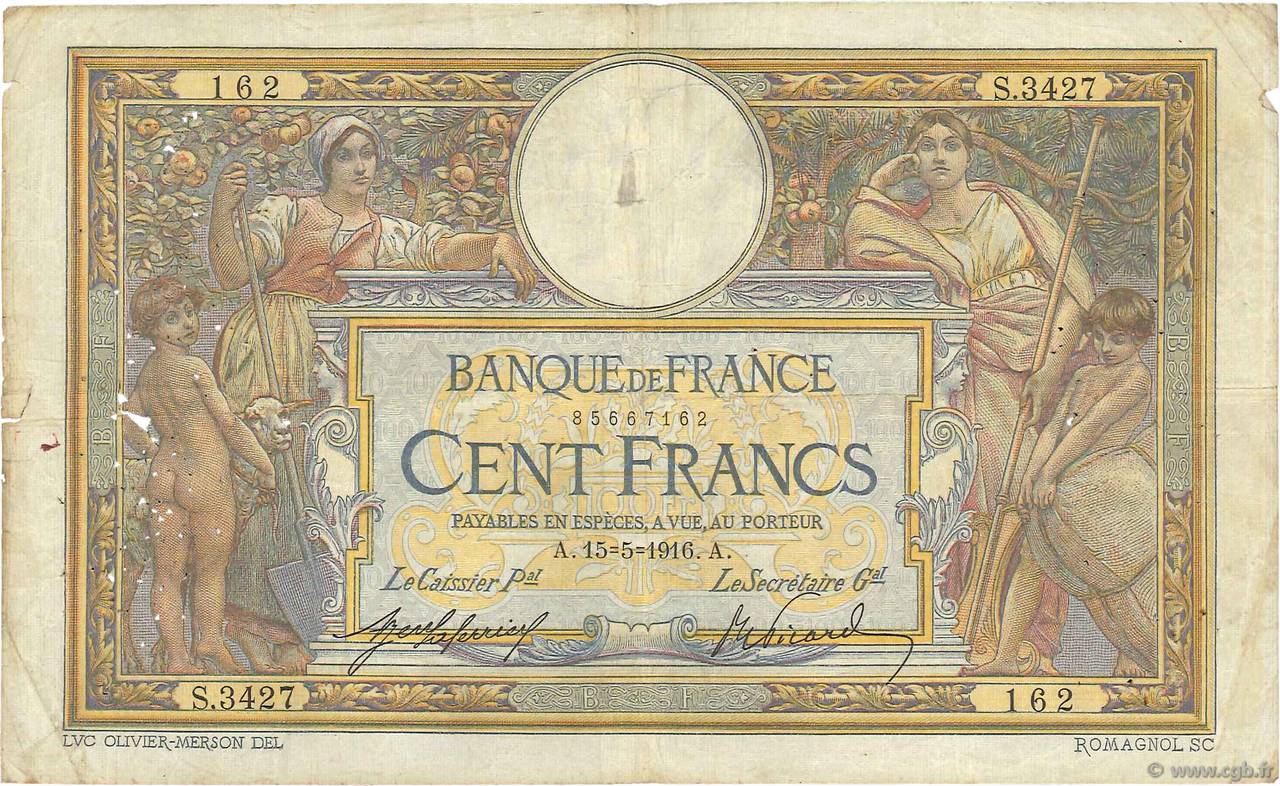 100 Francs LUC OLIVIER MERSON sans LOM FRANCE  1916 F.23.08 TB