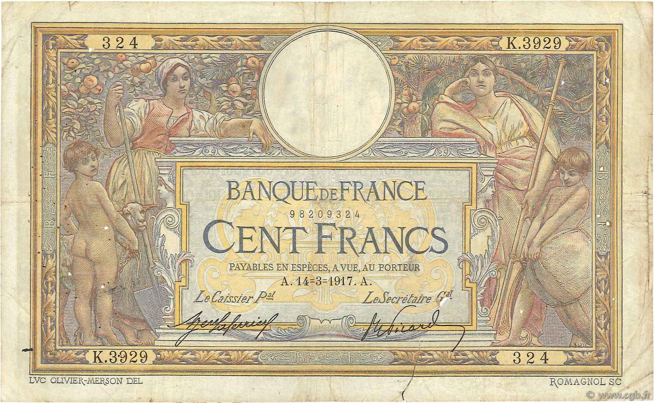 100 Francs LUC OLIVIER MERSON sans LOM FRANKREICH  1917 F.23.09 S