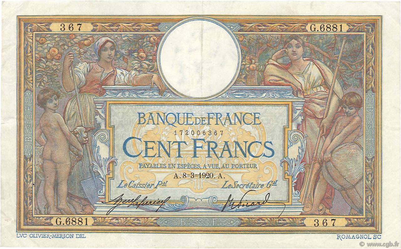 100 Francs LUC OLIVIER MERSON sans LOM FRANCE  1920 F.23.12 pr.SUP