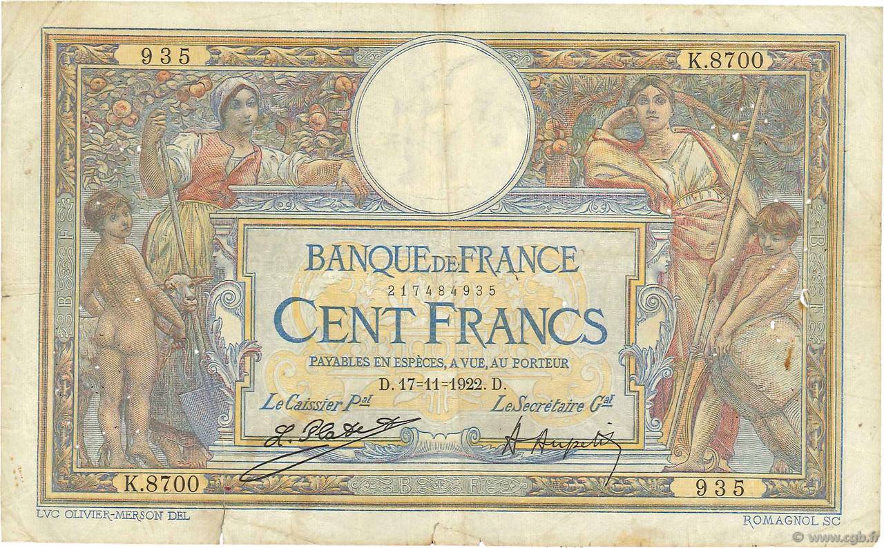 100 Francs LUC OLIVIER MERSON sans LOM FRANKREICH  1922 F.23.15 S