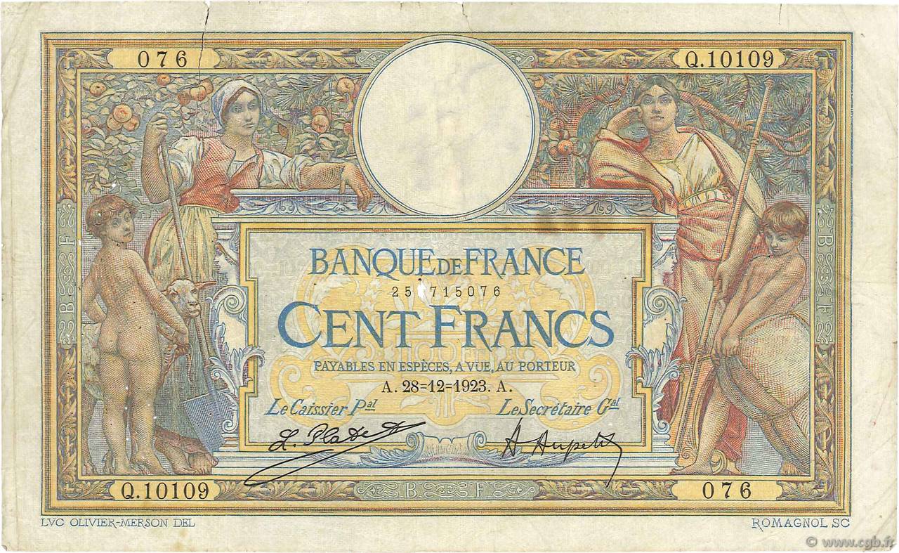 100 Francs LUC OLIVIER MERSON grands cartouches FRANCIA  1923 F.24.01 MB