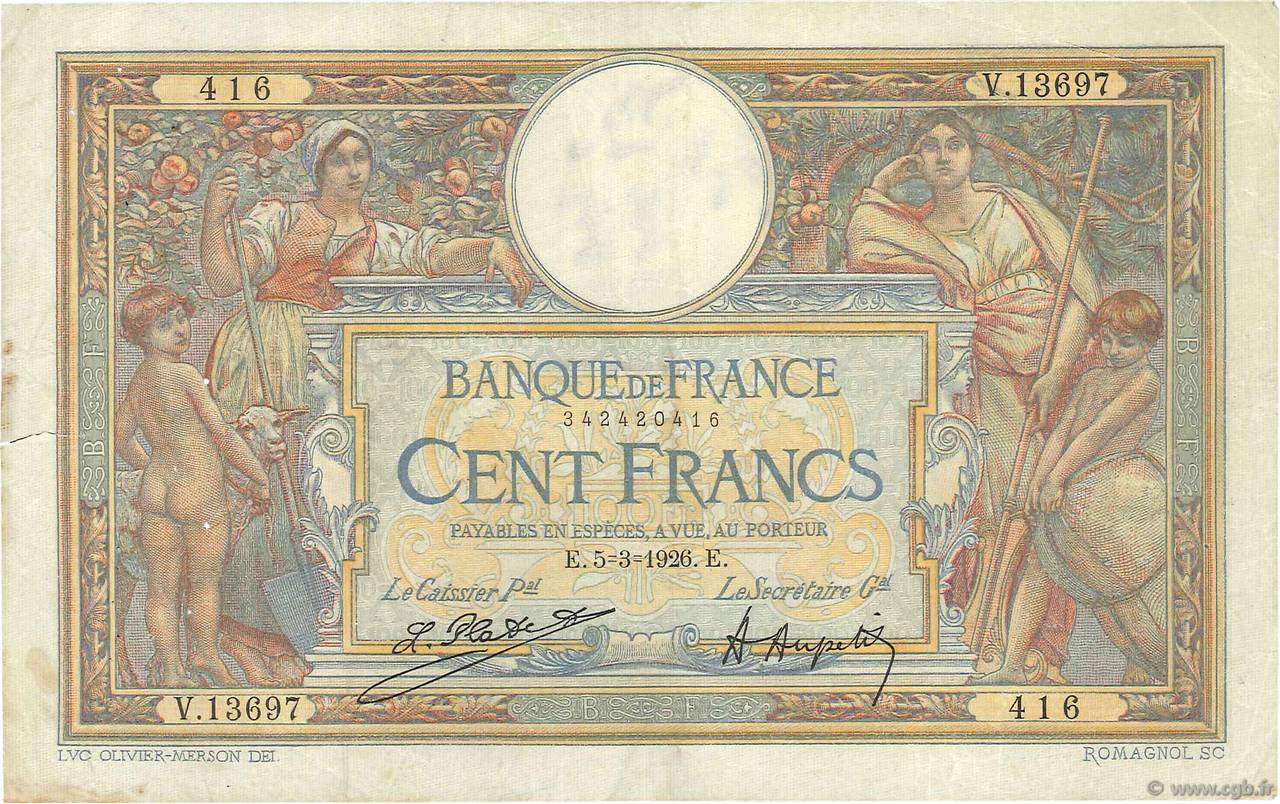 100 Francs LUC OLIVIER MERSON grands cartouches FRANCE  1926 F.24.04 VF-