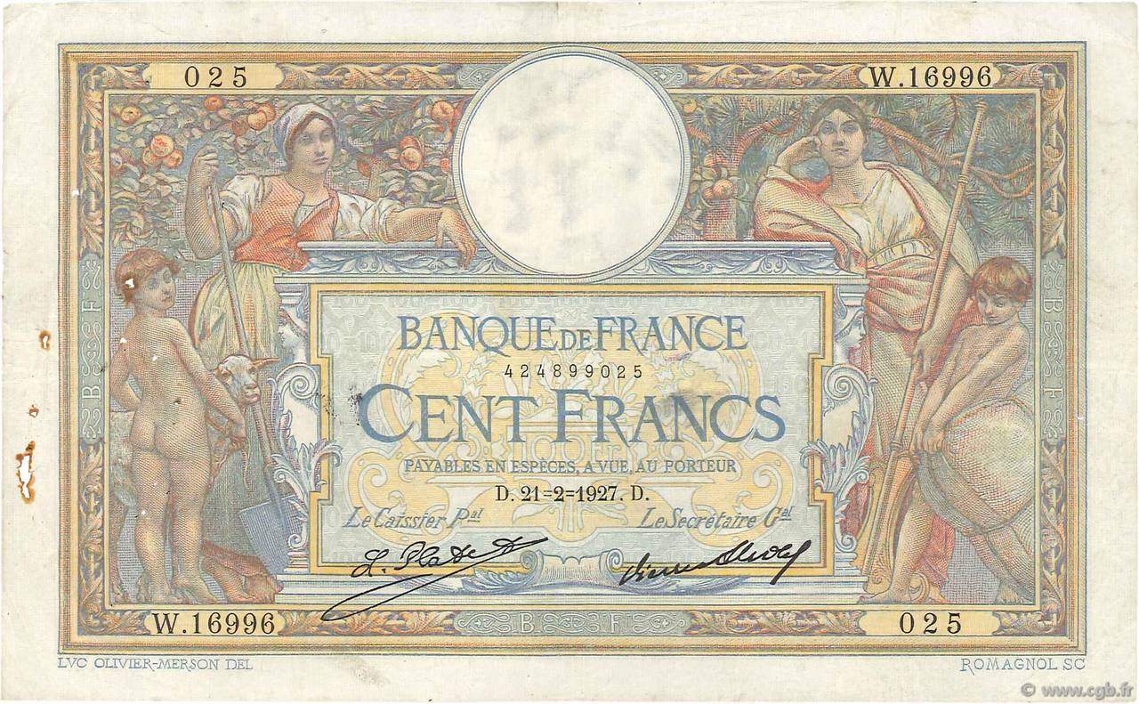 100 Francs LUC OLIVIER MERSON grands cartouches FRANCIA  1927 F.24.06 BC+
