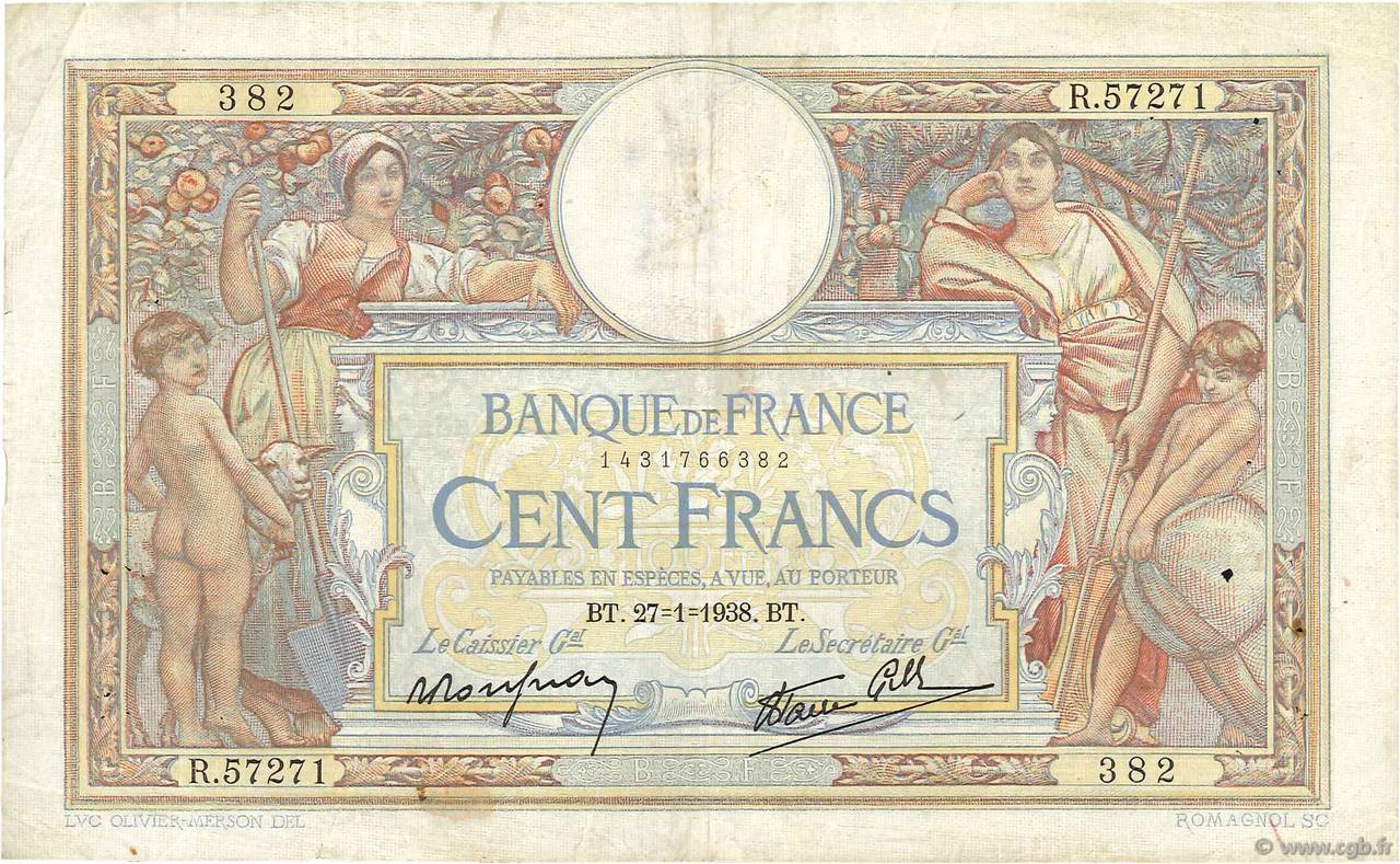 100 Francs LUC OLIVIER MERSON type modifié FRANKREICH  1938 F.25.09 S
