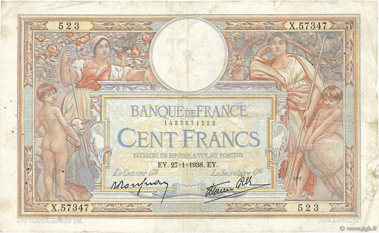 100 Francs LUC OLIVIER MERSON type modifié FRANCE  1938 F.25.09 F