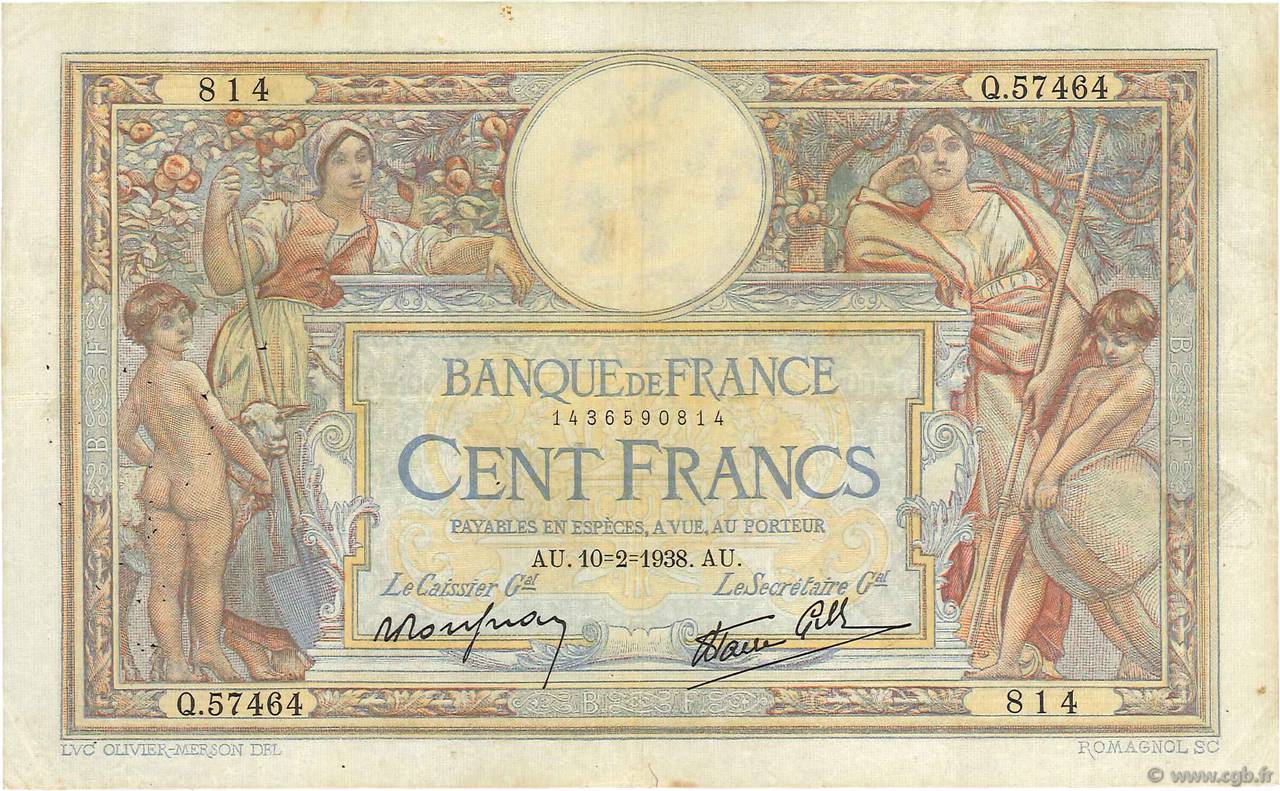 100 Francs LUC OLIVIER MERSON type modifié FRANKREICH  1938 F.25.10 fSS