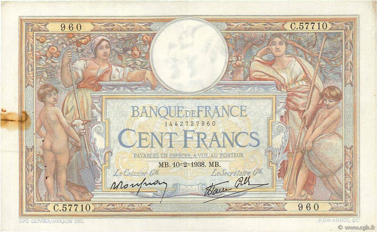 100 Francs LUC OLIVIER MERSON type modifié FRANCIA  1938 F.25.10 BB